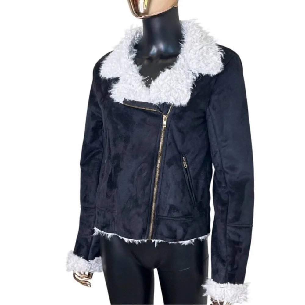 CAGE Black Faux Suede Sherpa Moto Jacket Medium Asymmetrical Zip Biker Coat